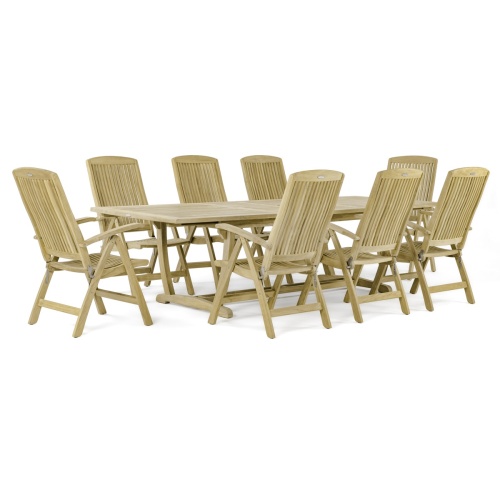 70796 Teak 9 piece Reclining Dining Set of 8 reclining teak dining chairs and teak extendable rectangular dining table side end view on a white background