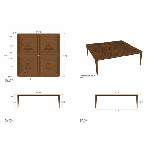 15075 Veranda 6 ft Square Table showing autocad  of table top and angled side view and side views on white background