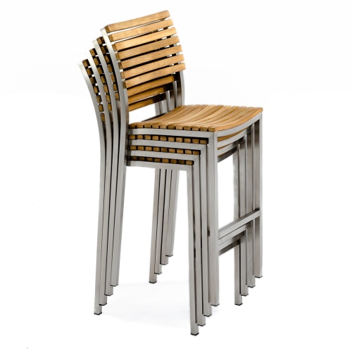 70817 Vogue Teak and Stainless Steel High Back Bar Stool stacked 4 high side angled view on white background