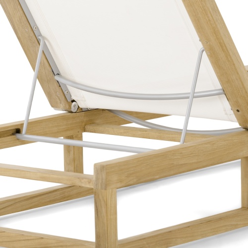 70930 Maya Teak Sling Lounger in white textilene mesh a close up view of adjustable back rest in upright position on white background