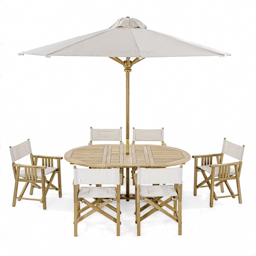 12568RF Barbuda teak Directors Chair and Martinique extension table with optional open teak market umbrella on white background