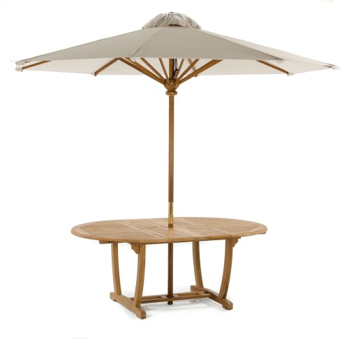 15548 Martinique Teak Extension Table angled view with optional open round umbrella in table showing white canvas top on white background