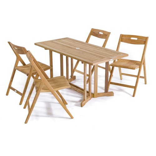 70475 Surf Nevis Teak Dining Set for 4 showing Nevis teak dining table and 4 Surf teak dining chairs angled view on white background