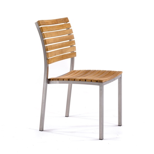 70176 Vogue stainless steel and teak stackable side chair angled on white background