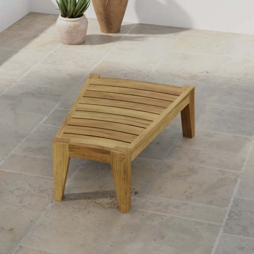 14918 Kafelonia Teak End Table in angled sidel view on tiled patio with 2 potted plants against wall in background