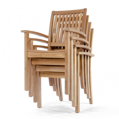 70214 Martinique teak dining armchair stacked 4 high front angled on white background