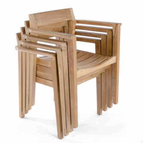 12901 Horizon Teak Dining Armchair in angled right side view stacked 4 high on white background