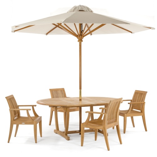 70305 Martinique 5 piece Dining Set side view with optional open market umbrella on white background