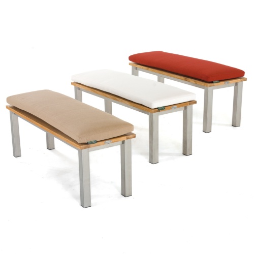 70445 Vogue teak and stainless steel 4 foot backless bench showing 3 backless benches with optional seat cushions angled on white background