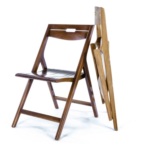 70450 Surf teak folding dining chair showing 2 with one open in Poly Espresso finish and one folded closed leaning against the open chair on white background