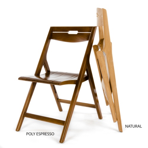 11916 Surf teak folding chair showing 2 side chairs with one opened in poly expresso finish angled and the other in folded position leaning against the opened chair on white background