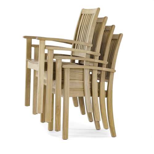 70685 Sussex Pyramid teak dining armchair stacked 4 high left side angled on white background