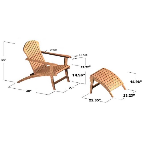 70781 Teak Adirondack Lounge Chair and ottoman footrest autocad angled view on white background