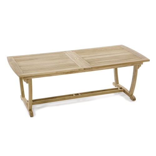 15585 Veranda teak Rectangular Dining Table showing double leaves extended in angled view on white background