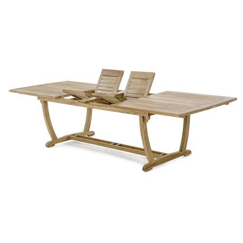 70796 teak dining table showing partially extended double butterfly leaf side angled view on white background