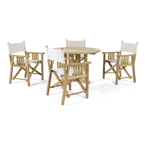 12568F Barbuda teak Directors Chair showing 4 chairs around a teak 48 inch round dining table on a white background 