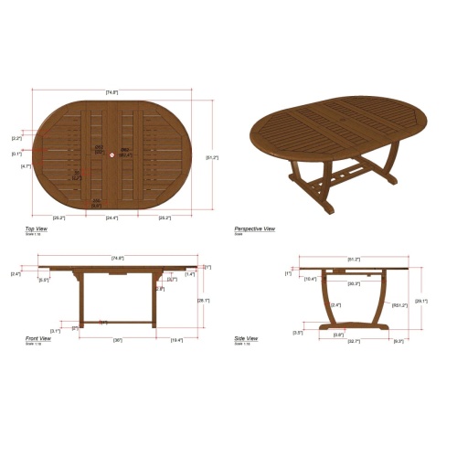 15548 Martinique Teak Extension Table autocad of side and end and table top view in closed position on a white background 