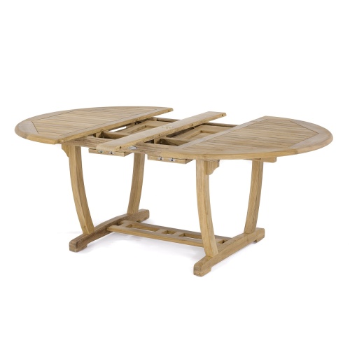 70031 Martinique Veranda teak extension oval dining table side angled view open position showing leaf storage area in table on white background
