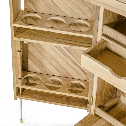 70084 somerset teak bar opened closeup inside view of drawers and shelves on white background