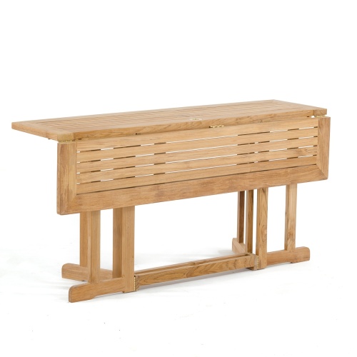 70165 Nevis Veranda teak folding table angled view with one leaf down side angled view on white background