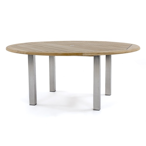 25015 Vogue teak and stainless steel 72 inch diameter round table side angled on white background