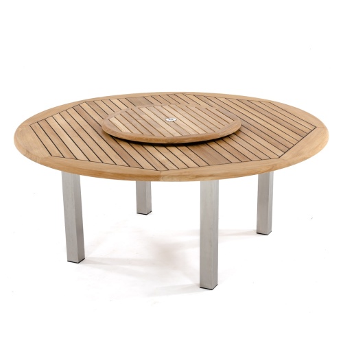 70444 Vogue teak and stainless steel round table with optional teak lazy susan in center umbrella hole side angled view on white background