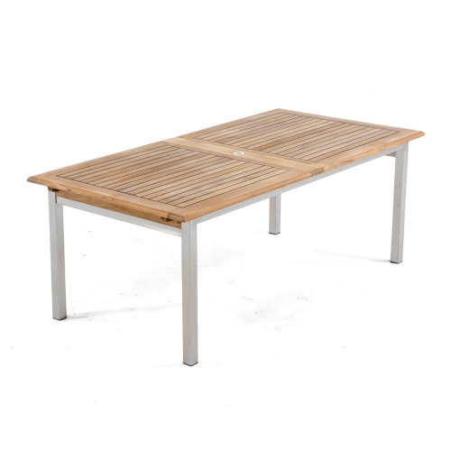 70445 Vogue teak and stainless steel 102 inch rectangular dining table end angled view on white background