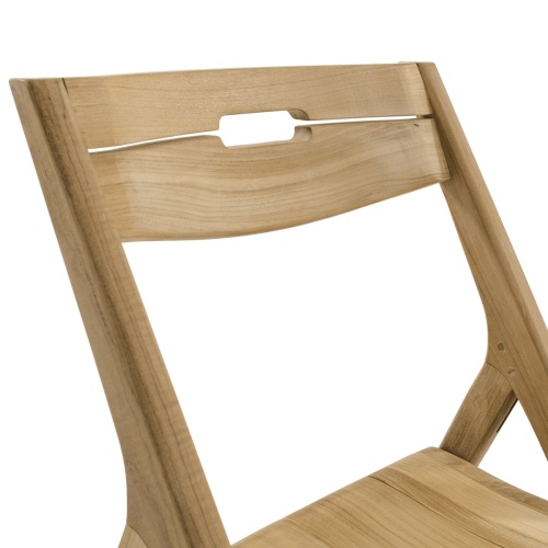70538 Pyramid Surf teak folding side chair closeup of front view of back on white background