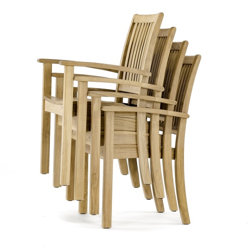 70812 Laguna Sussex teak dining armchair stacked 4 high left side view on white background