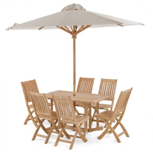 70039 Nevis Barbuda 7 piece Dining Set with optional market umbrella opened angled view on white background