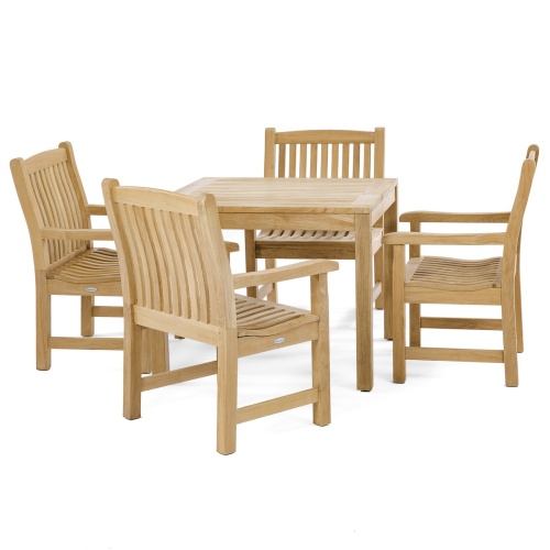 12218 Veranda Dining Chair showing 4 chairs with optional seat cushions with square teak dining table angled on white background
