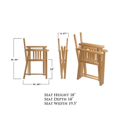 12568F Barbuda teak Directors Chair autocad of open side view and folded front and side views on white background 