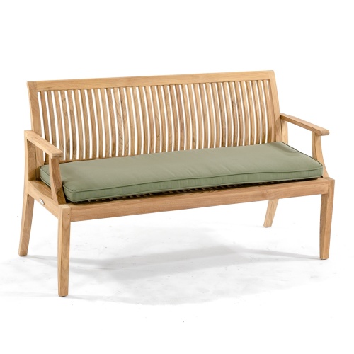 13811 laguna five foot long teak bench angled view with optional stone green cushion on white background