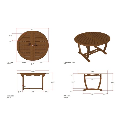 15548 Martinique Teak Extension Table autocad of side and end and table top view in closed position on a white background 