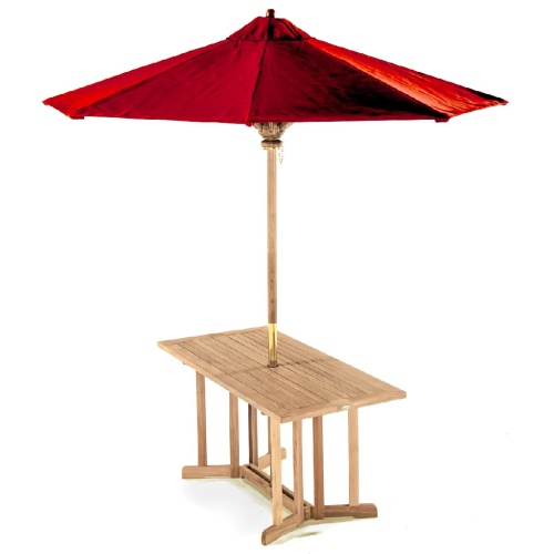 70165 Nevis Veranda teak folding table angled with optional opened market umbrella on white background