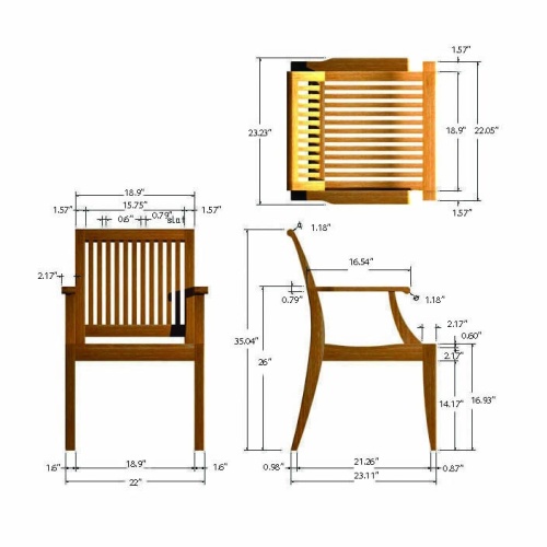 70293 Pyramid teak dining armchair autocad showing seat view side view and rear view on white background