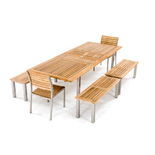 70440 Vogue 7 piece Teak and Stainless Steel Picnic Set angled end view on white background