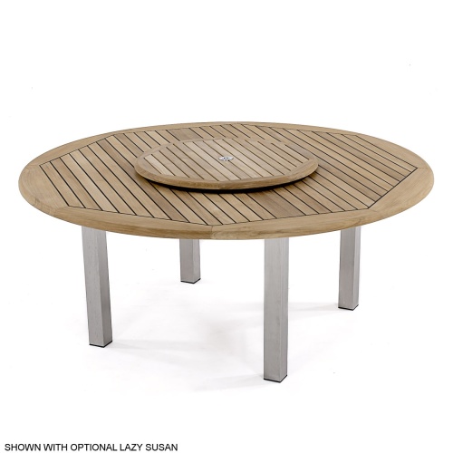 25015 Vogue teak and stainless steel round table showing optional teak lazy susan in umbrella hole in side angled view on white background