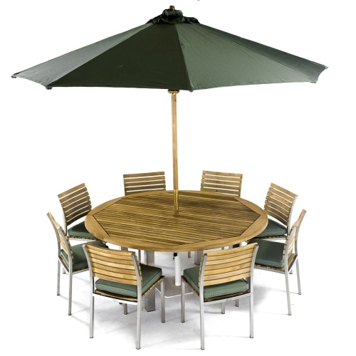 70444 Vogue 9 piece teak and stainless steel Dining Set with optional seat cushions and 8 side chairs with optional cushions and open optional Market umbrella on white background