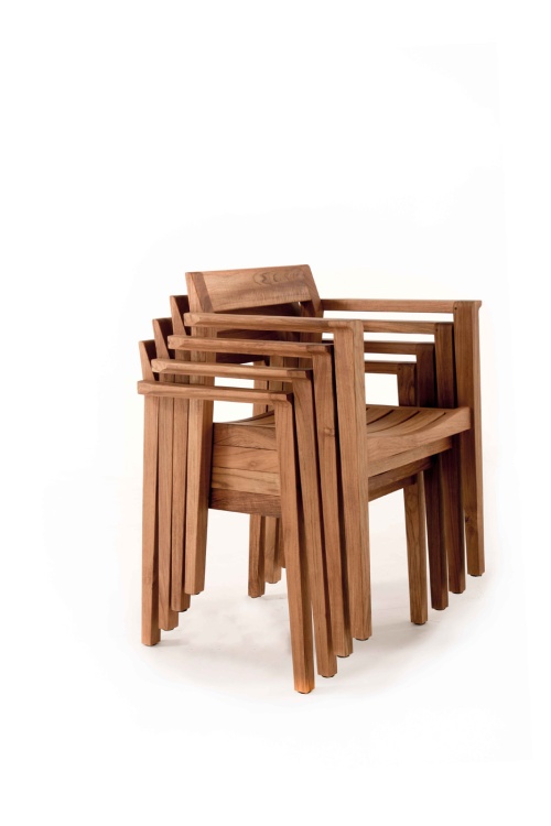 70462 Pyramid Horizon teak dining arm chair stacked 4 high in side angled view on white background