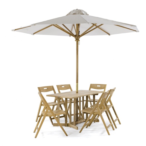 70472 Surf Nevis Teak Dining Set for 6 angled view with optional opened 8 foot Round Umbrella on white background