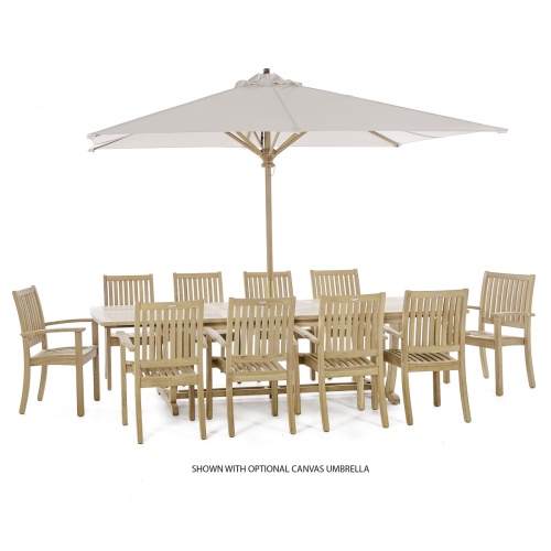 70758 Sussex Veranda 11 piece teak dining set of 10 teak dining armchairs and rectangular dining table side view with optional open umbrella in center on white background