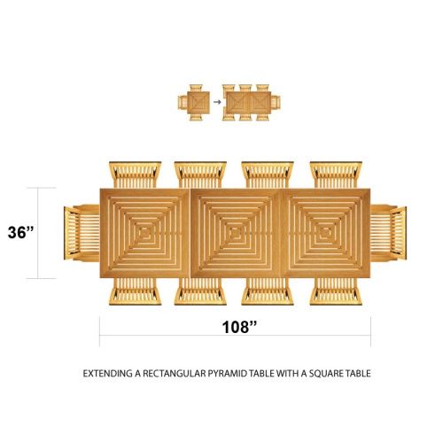 15816 Pyramid Teak 6 foot rectangular Dining Table showing various seating configurations on white background