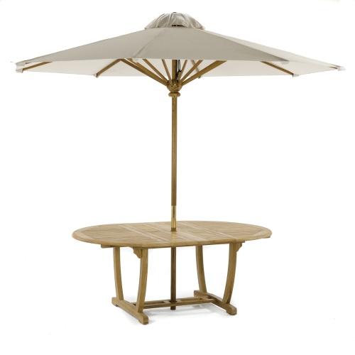 70031 Martinique Veranda teak extension oval dining table with optional open market umbrella in side angled view closed position on white background