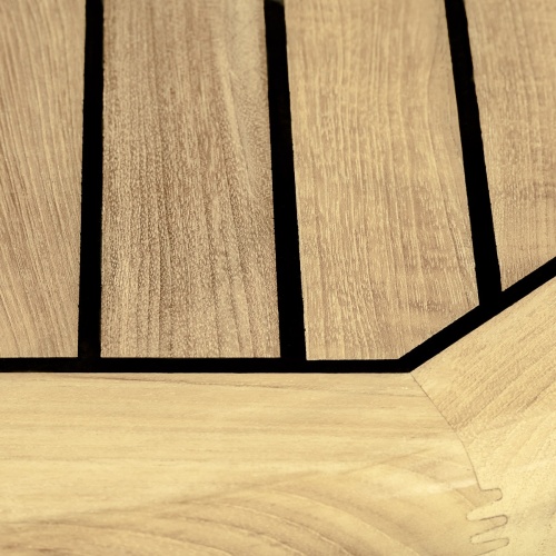25015 Vogue teak and stainless steel round table closeup view of table top showing sikaflex marine sealant between teak slats