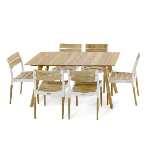 70566 Surf Bloom 5 piece Dining Set of 4 Bloom teak and powder coated aluminum dining chairs and Surf 5 foot rectangular teak table aerial angled view on white background
