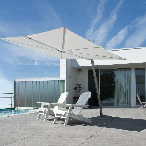 sps25100ffb spectra solo umbrella only with two Adirondack chairs on concrete paver deck set pool view blue sky railing fence house and glass door in background 