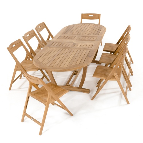 15504 Montserrat Extension Table and 8 Surf teak chairs angled top end view extended position on white background