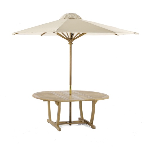 70266 Martinique Sussex teak extension table angled view with optional open round white canvas top umbrella in table on white background