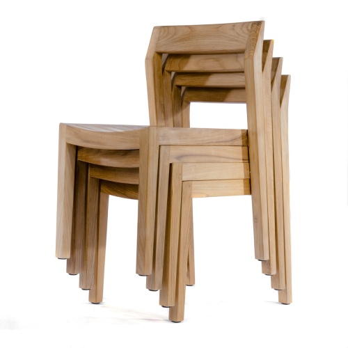 70525 Surf Horizon teak dining side chair in side angled view stacked 4 high on white background